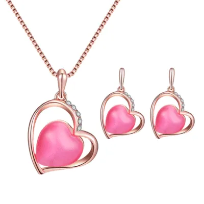 Heart Pendant Opal Earrings Necklace Set for Women Alloy Box Chain