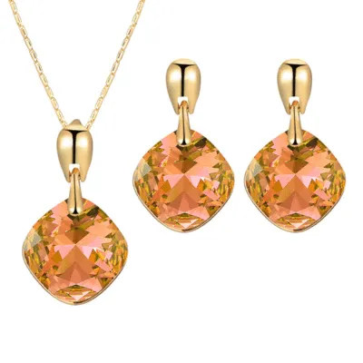 Crystal Pendant Necklace Earrings Set for Women Alloy Box Chain