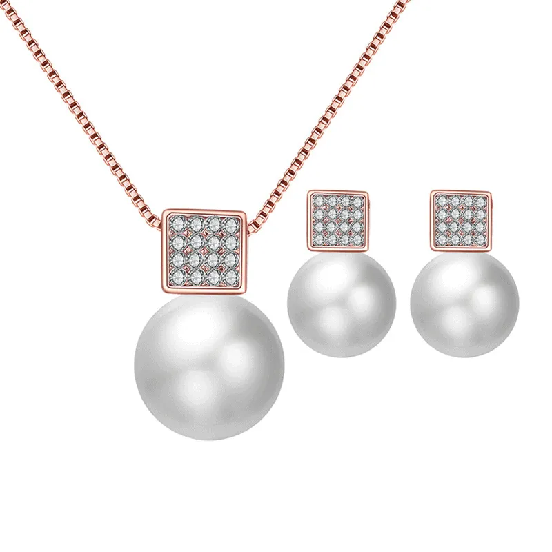 Elegant Pearl Pendant Inlaid Zircon Necklace Earrings Set Women's Alloy Box Chain
