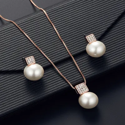 Elegant Pearl Pendant Inlaid Zircon Necklace Earrings Set Women's Alloy Box Chain