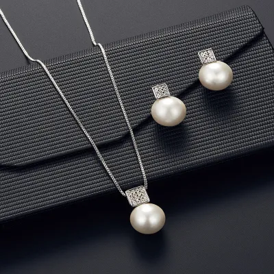 Elegant Pearl Pendant Inlaid Zircon Necklace Earrings Set Women's Alloy Box Chain