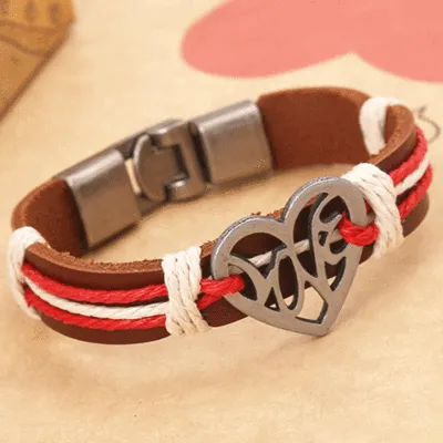 Vintage Peach Heart PU Braided Couple Bracelet Romantic Gift