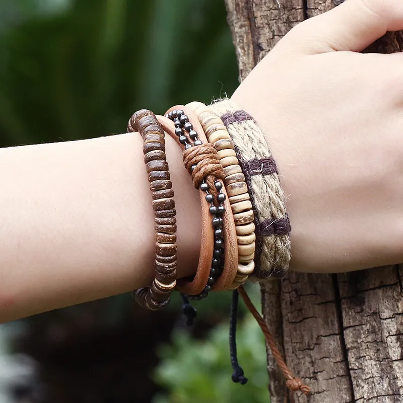 Vintage Woven PU Coconut Shell Hemp Rope Bracelet Set