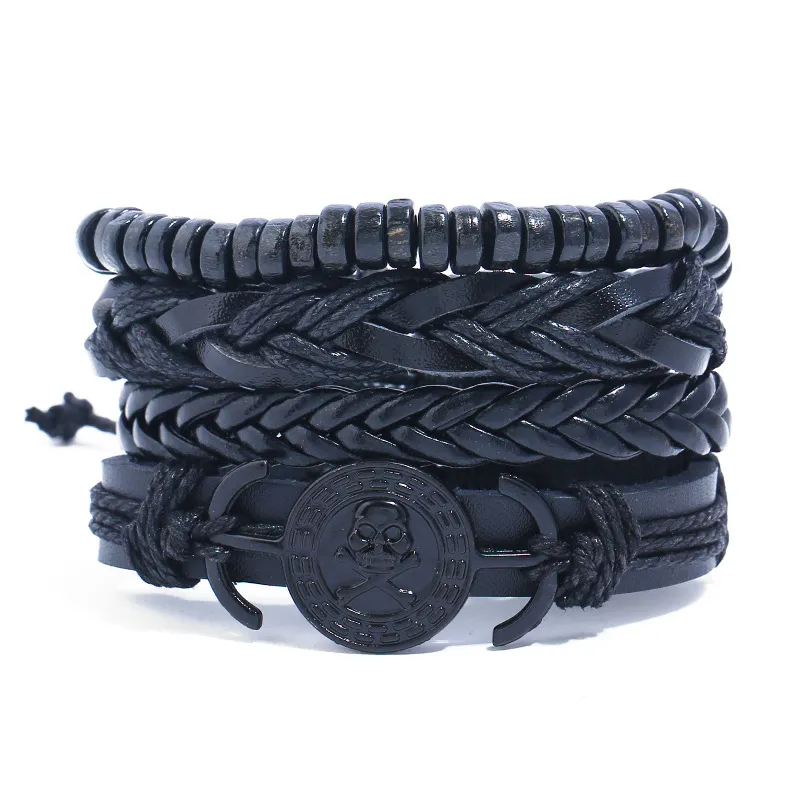 Vintage Men Black PU Bracelet Set Unisex Ethnic Geometric Punk Ornaments