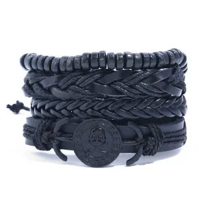 Vintage Men Black PU Bracelet Set Unisex Ethnic Geometric Punk Ornaments