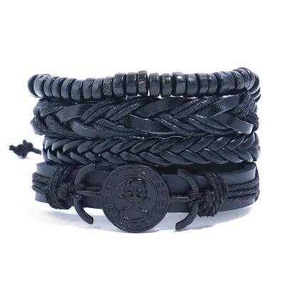 Vintage Men Black PU Bracelet Set Unisex Ethnic Geometric Punk Ornaments