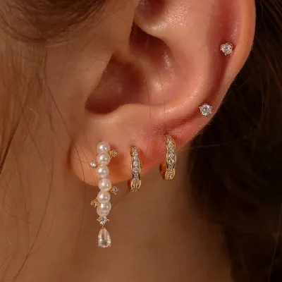 Geometric Pearl Inlaid Drill Stud Earrings Set for Women
