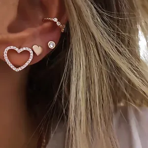 Simple Love Heart C-Shaped Inlaid Drill Stud Earring Set