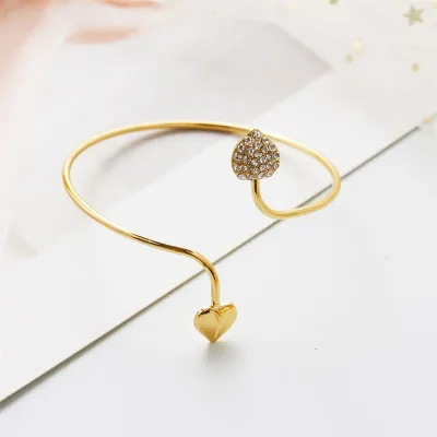 Inlaid Drill Double Love Heart Opening Bangle Couple Style