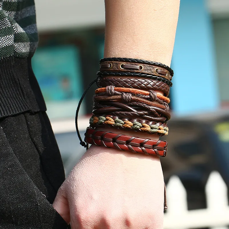 Vintage Woven Multilayer PU Leather Adjustable Bracelet Set