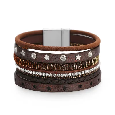 Fashion Star Rivet Multilayer Rhinestone Leather Bracelet For Women