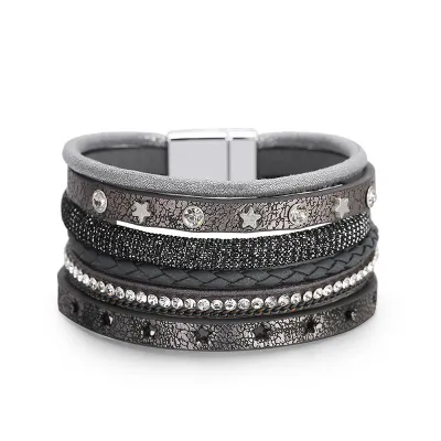 Fashion Star Rivet Multilayer Rhinestone Leather Bracelet For Women