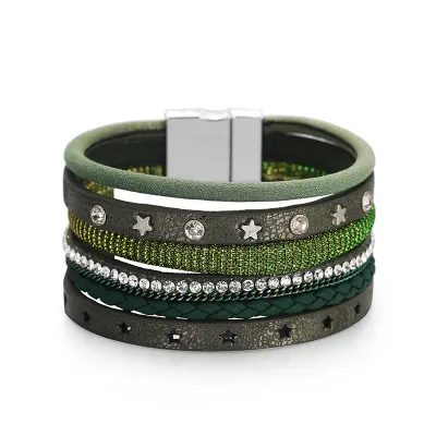 Fashion Star Rivet Multilayer Rhinestone Leather Bracelet For Women