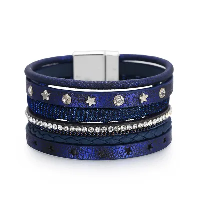 Fashion Star Rivet Multilayer Rhinestone Leather Bracelet For Women