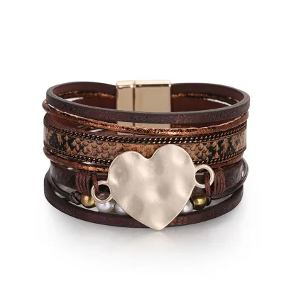 Multilayer Snake Skin Pattern Love Heart Pearl PU Bracelet Women's