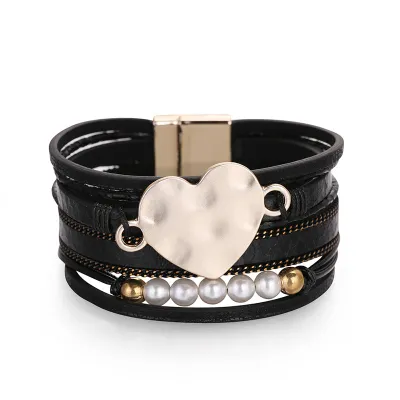 Multilayer Snake Skin Pattern Love Heart Pearl PU Bracelet Women's