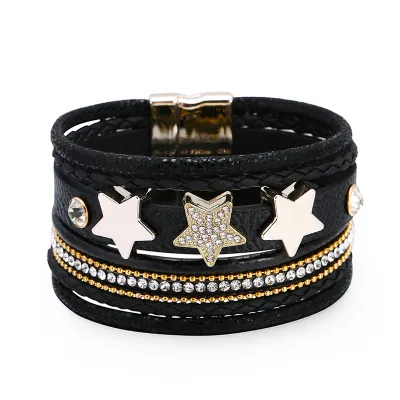 Fashion Multilayer Star Wide PU Bracelet for Women