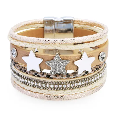 Fashion Multilayer Star Wide PU Bracelet for Women
