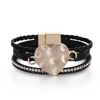 Three Layer Weave Snake Pattern PU Love Heart Bracelet Women's