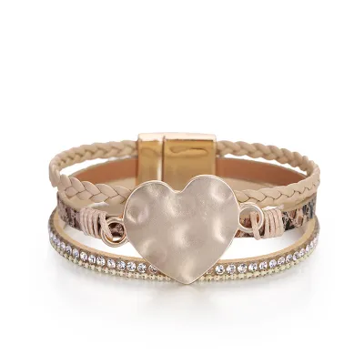 Three Layer Weave Snake Pattern PU Love Heart Bracelet Women's