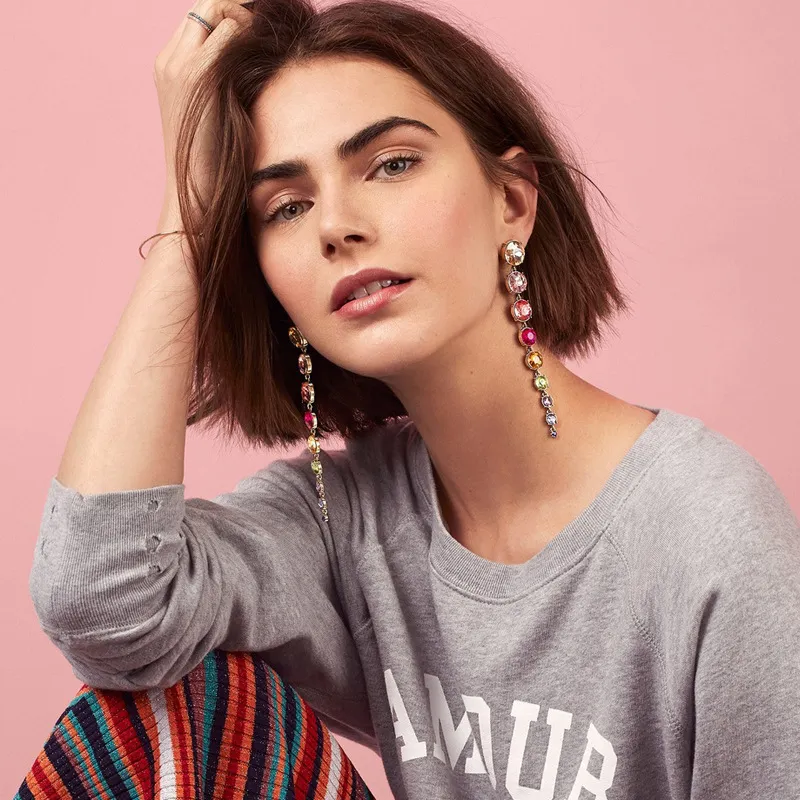 Delicate Colorful Rhinestone Chain Long Paragraph Women's Geometric Metal Crystal Earrings