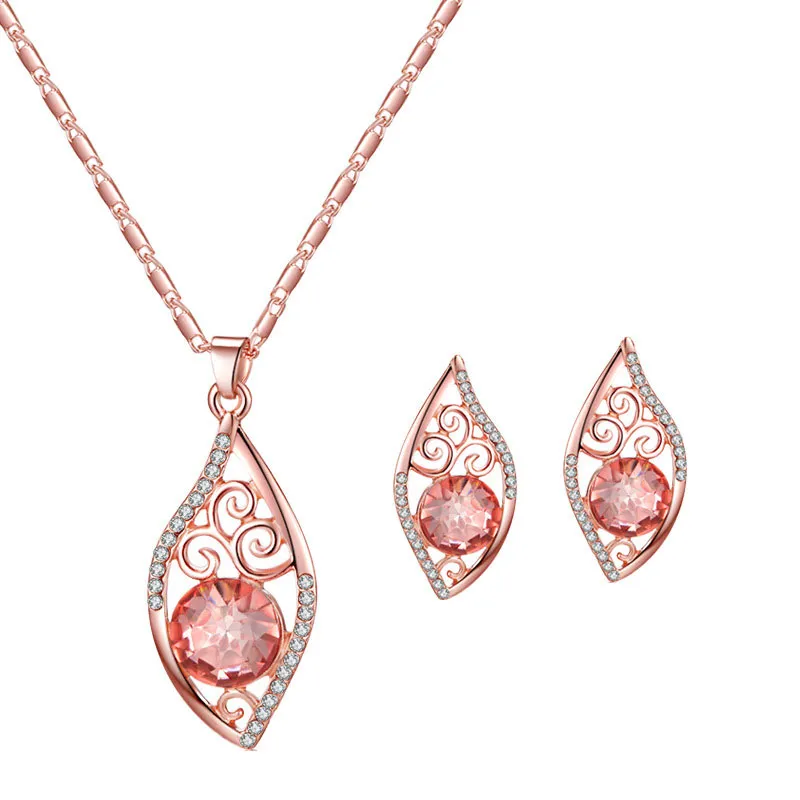 Fashion Hollow Out Pink Rhinestone Decor Necklace Earrings Set