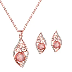 Fashion Hollow Out Pink Rhinestone Decor Necklace Earrings Set