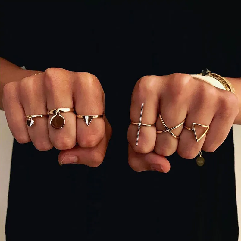 Love Heart Circle Sheet Triangle Geometric Ring Set for Women