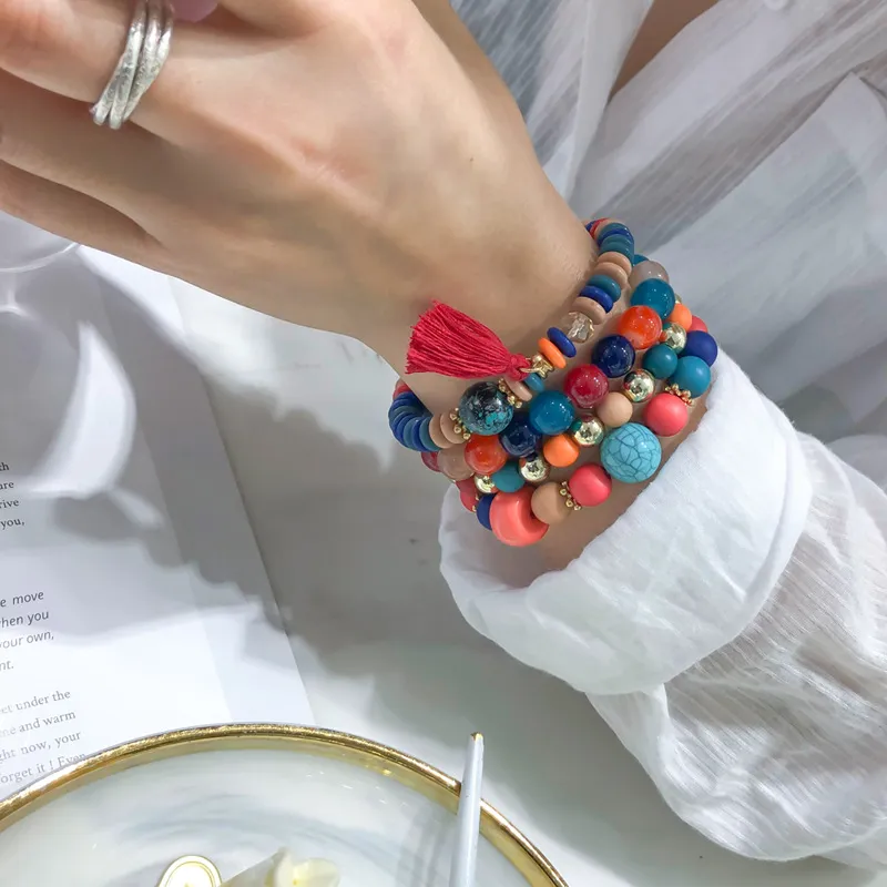 Turquoise Tassel Pendant Beaded Multilayer Bracelet Set