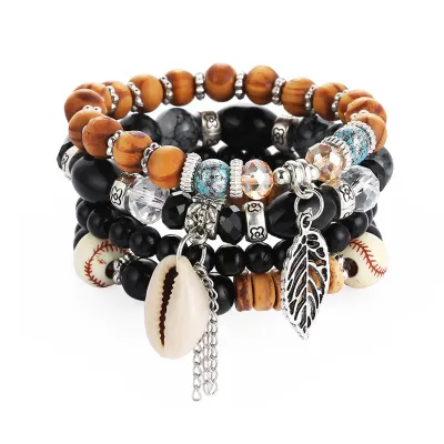 Multi-Layer Beaded Crystal Tassel Pendant Bracelet Set Boho Unisex