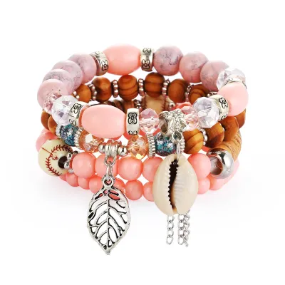 Multi-Layer Beaded Crystal Tassel Pendant Bracelet Set Boho Unisex