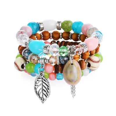 Multi-Layer Beaded Crystal Tassel Pendant Bracelet Set Boho Unisex