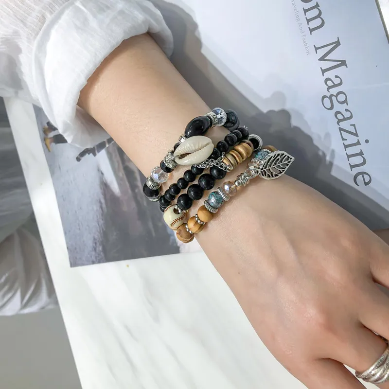 Multi-Layer Beaded Crystal Tassel Pendant Bracelet Set Boho Unisex