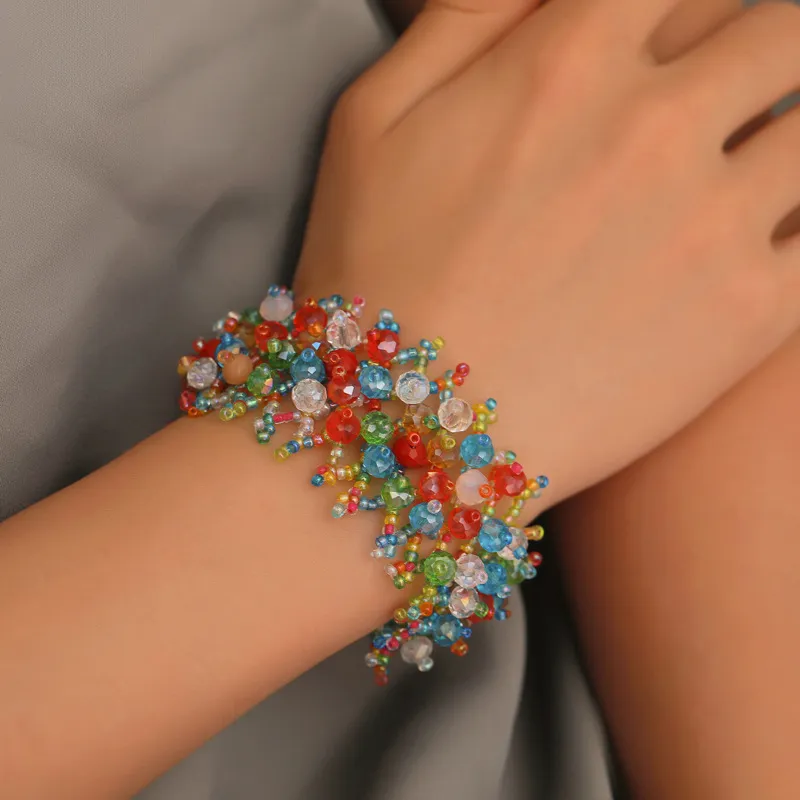 Natural Gravel Beaded Crystal Stretch Bracelet for Women Exotic Geometric Style