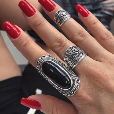 Vintage Openwork Vulture Flower Gemstone Ring Set Unisex Geometric Alloy