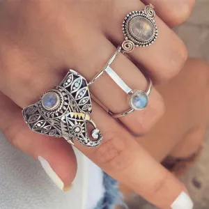 Vintage Elephant Gem Ring Set Women's Alloy Jewelry