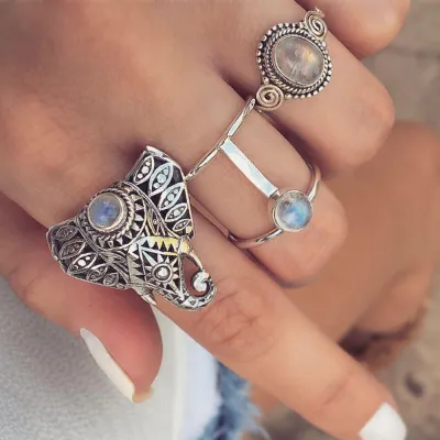 Vintage Elephant Gem Ring Set Women's Alloy Jewelry