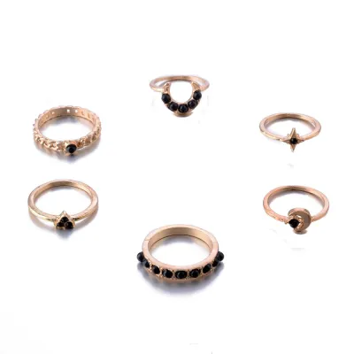 Vintage Moon Star Pattern Black Gem Decor Alloy Ring Set for Women