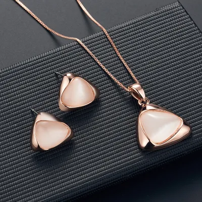 Geometric Opal Decor Necklace Earrings Set for Women Alloy Box Chain