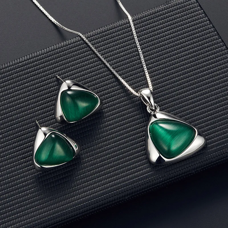 Geometric Opal Decor Necklace Earrings Set for Women Alloy Box Chain