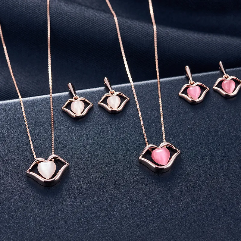 Creative Lip Pattern Opal Decor Necklace Earrings Set