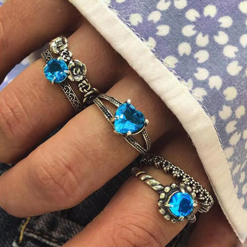 Geometric Flower Inlaid Gemstone Heart Ring Set For Women Alloy