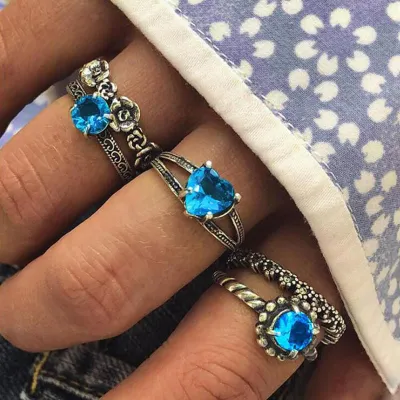 Geometric Flower Inlaid Gemstone Heart Ring Set For Women Alloy