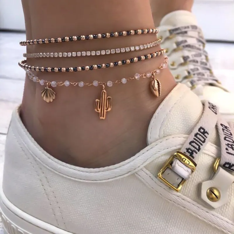 Cactus Shell Beads Rhinestone Chain Multilayer Unisex Anklets Set
