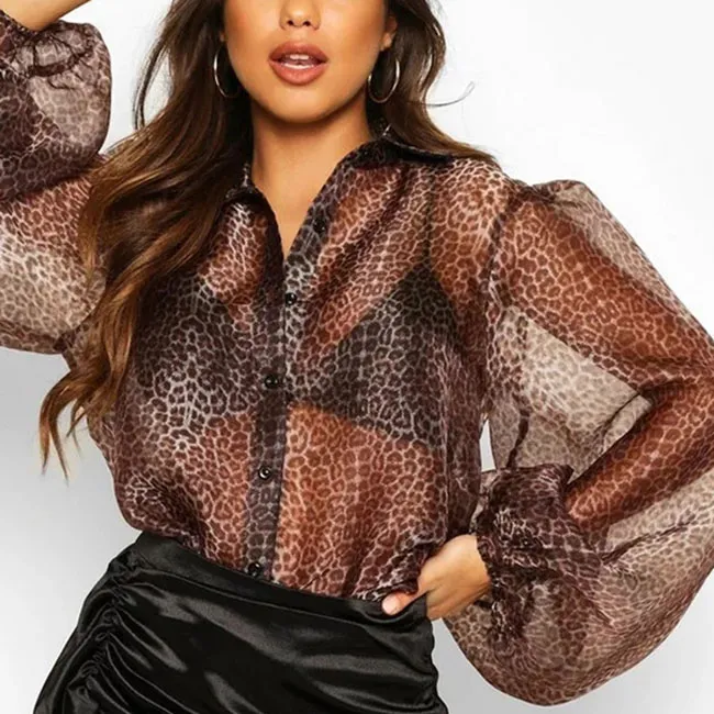 S-XL Women Lapel Lantern Sleeve Leopard Print See-through Mesh Blouse