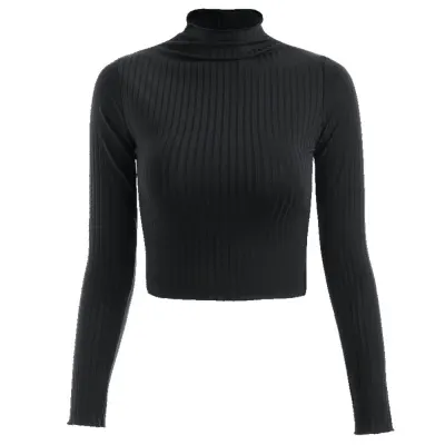 S-XL Women Mock Neck Solid Color Slim Fit Cropped Knitwear Pullover