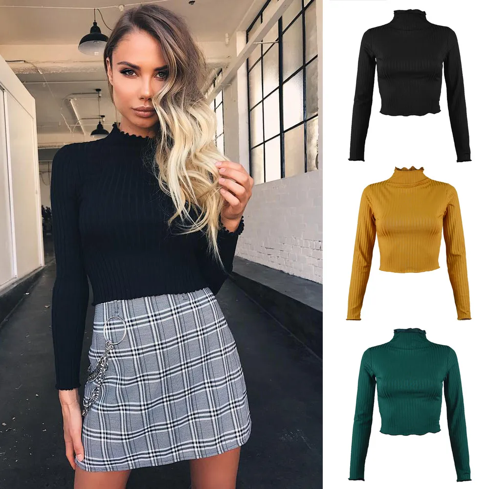 S-XL Women Mock Neck Solid Color Slim Fit Cropped Knitwear Pullover