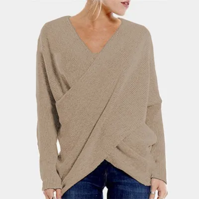 S-5XL Women Fashion V Neck Irregular Hem Pullover Knitwear
