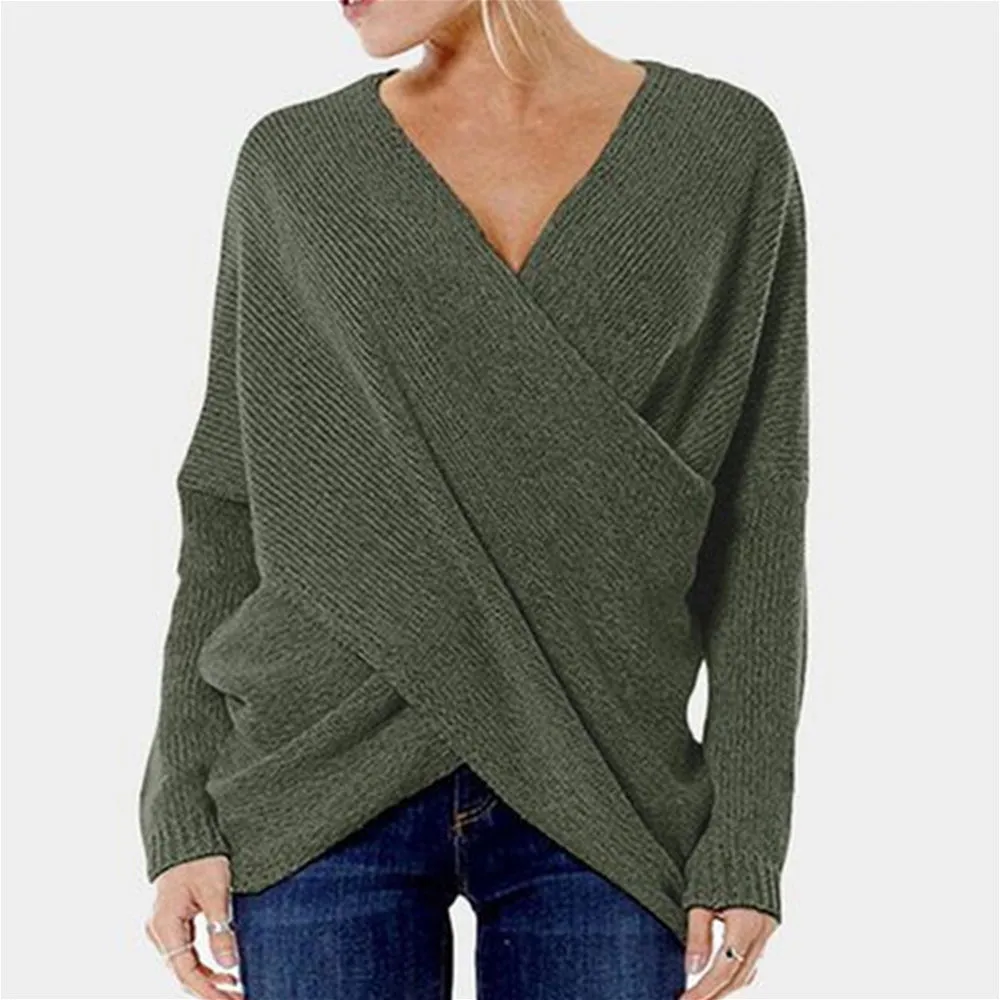 S-5XL Women Fashion V Neck Irregular Hem Pullover Knitwear