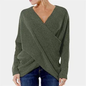 S-5XL Women Fashion V Neck Irregular Hem Pullover Knitwear